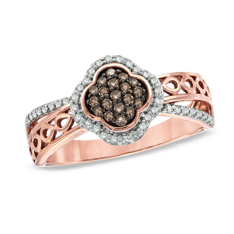 Previously Owned - 0.25 CT. T.W. Champagne and White Diamond Clover Cluster Ring in 10K Rose Gold