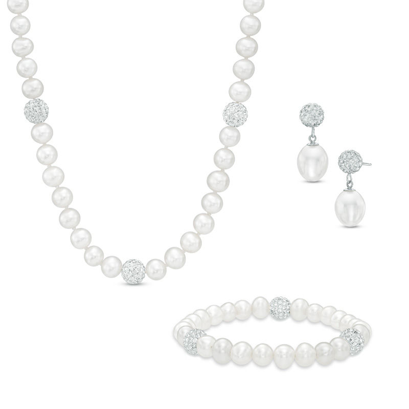 Previously Owned - Cultured Freshwater Pearl and Crystal Bead Necklace, Bracelet and Earrings Set in Sterling Silver|Peoples Jewellers