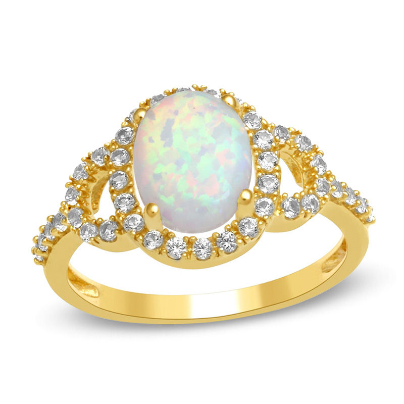 Previously Owned - Oval Lab-Created Opal and White Sapphire Buckle Frame Ring in 10K Gold