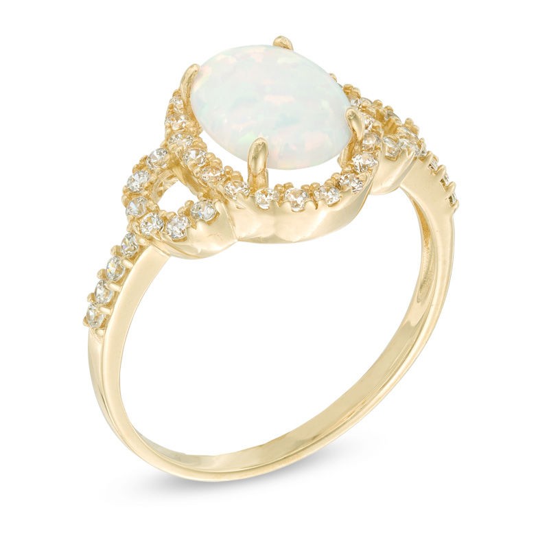 Previously Owned - Oval Lab-Created Opal and White Sapphire Buckle Frame Ring in 10K Gold