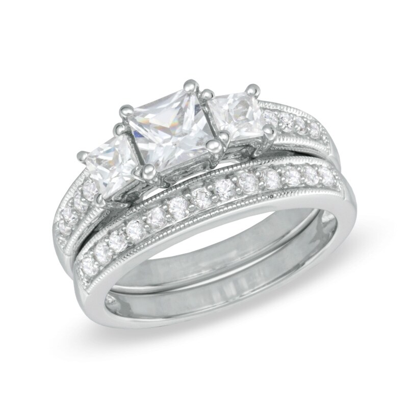 Previously Owned - Princess-Cut Lab-Created White Sapphire Three Stone Ring Fashion Set Sterling Silver