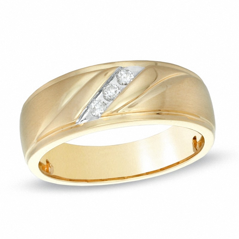 Previously Owned - Men's 0.10 CT. T.W. Diamond Three Stone Slant Band in 10K Gold