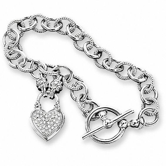 Previously Owned - 0.23 CT. T.W. Diamond Heart Link Bracelet in Sterling Silver