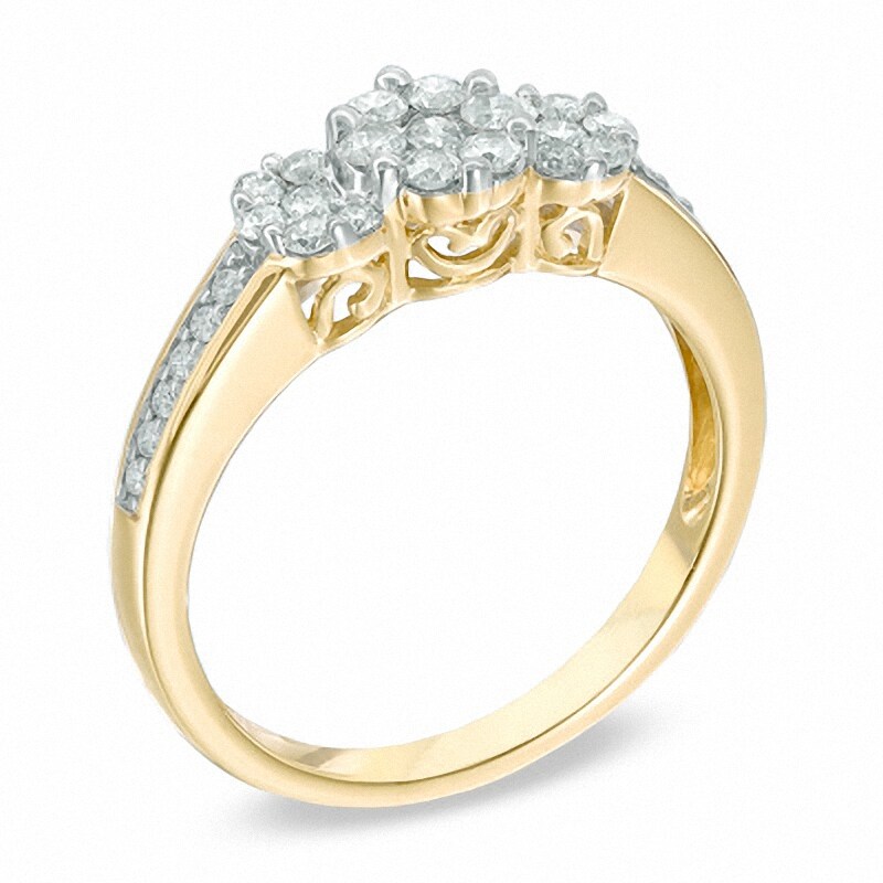 Main Image 2 of Previously Owned - 0.50 CT. T.W. Diamond Cluster Three Stone Ring in 10K Gold