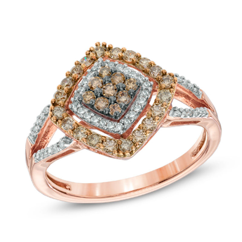 Previously Owned - 0.50 CT. T.W. Champagne and White Diamond Tilted Square Frame Ring in 10K Rose Gold