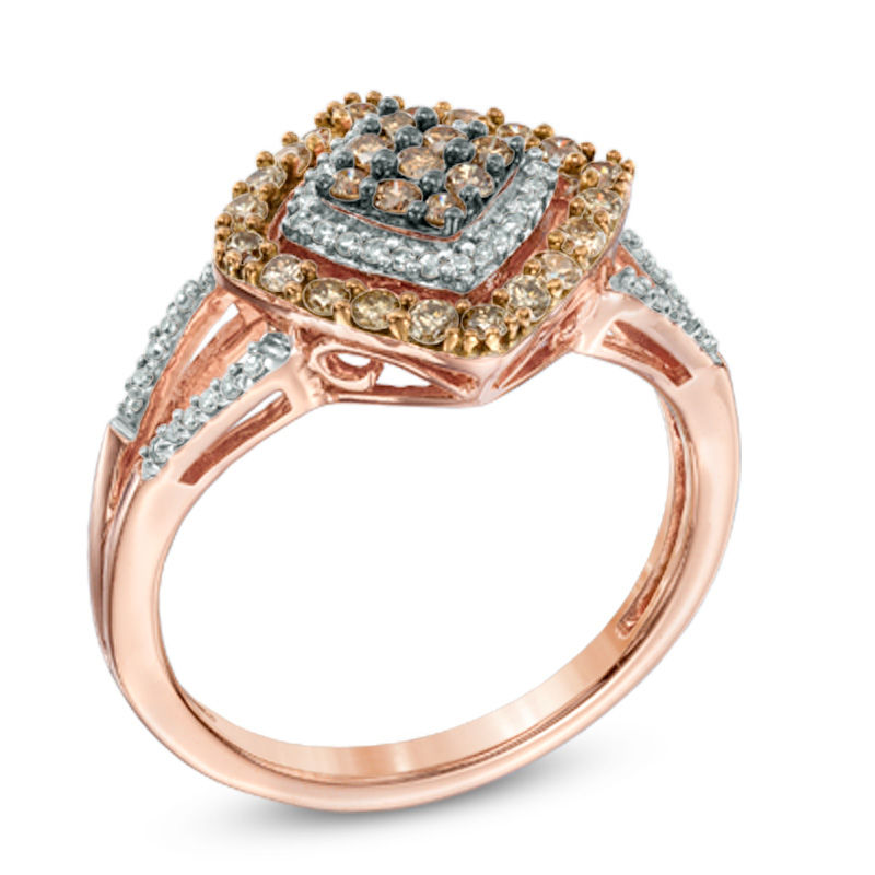 Previously Owned - 0.50 CT. T.W. Champagne and White Diamond Tilted Square Frame Ring in 10K Rose Gold