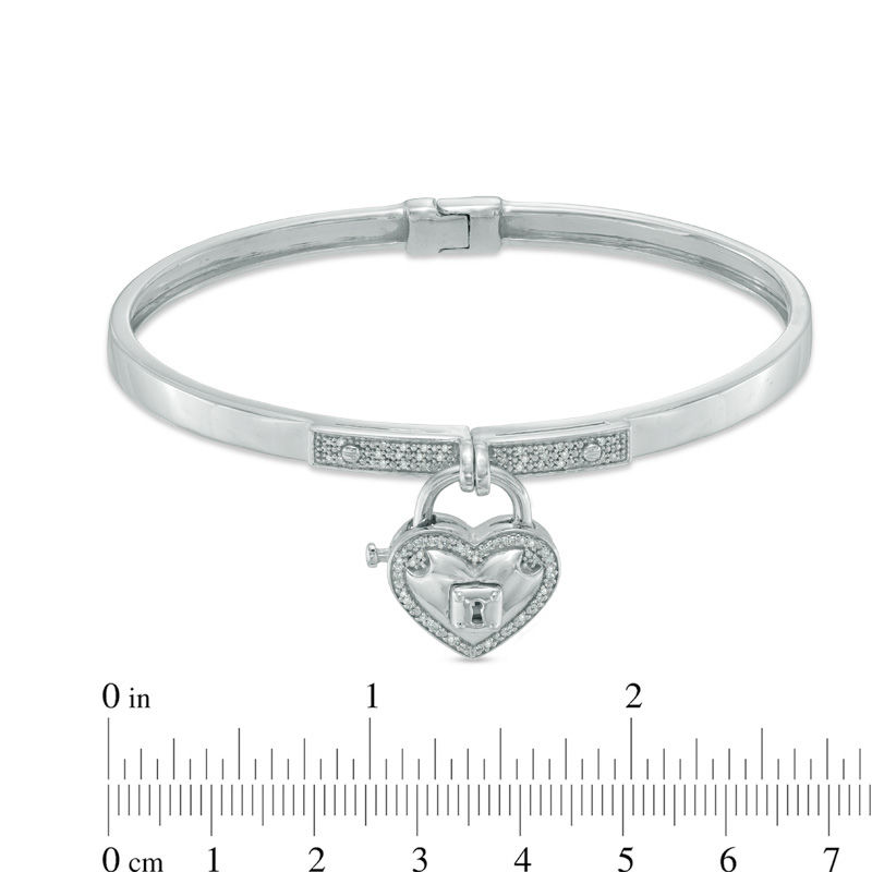 Main Image 2 of Previously Owned - Forever Locking Love™ 0.15 CT. T.W. Diamond Heart-Shaped Padlock Charm Bangle in Sterling Silver