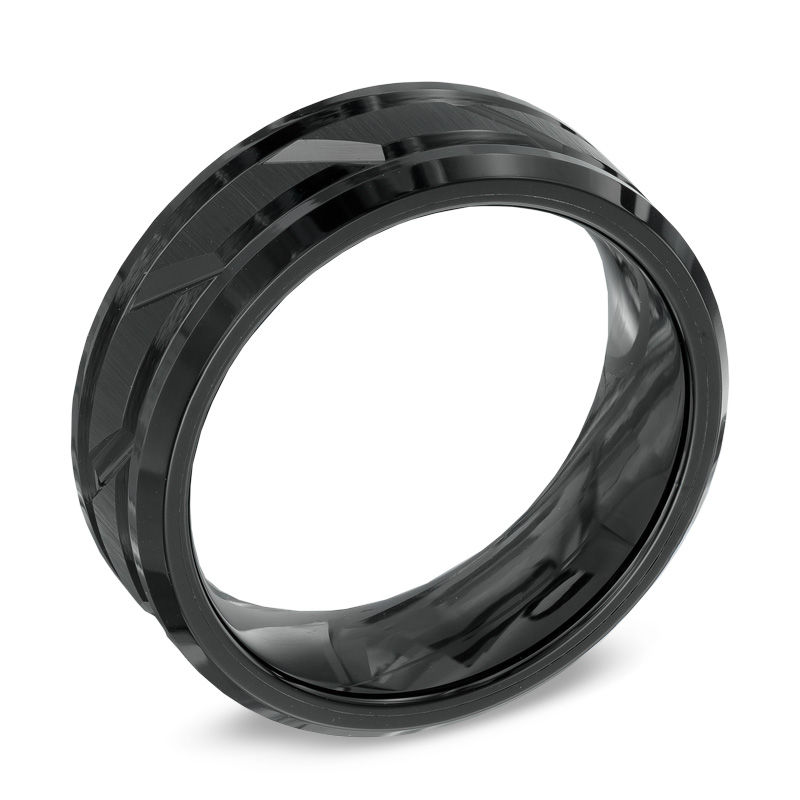 Previously Owned - Triton Men's 8.0mm Comfort Fit Bevelled Edge Groove Wedding Band in Black Tungsten