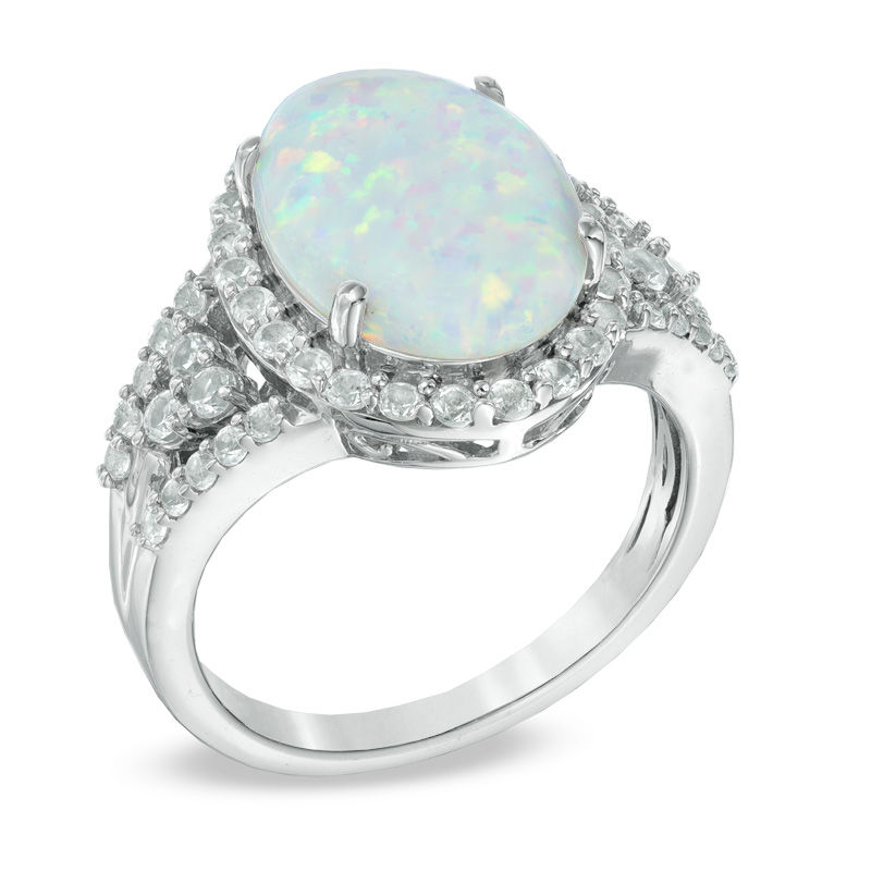 Previously Owned - Oval Lab-Created Opal and White Sapphire Ring in Sterling Silver