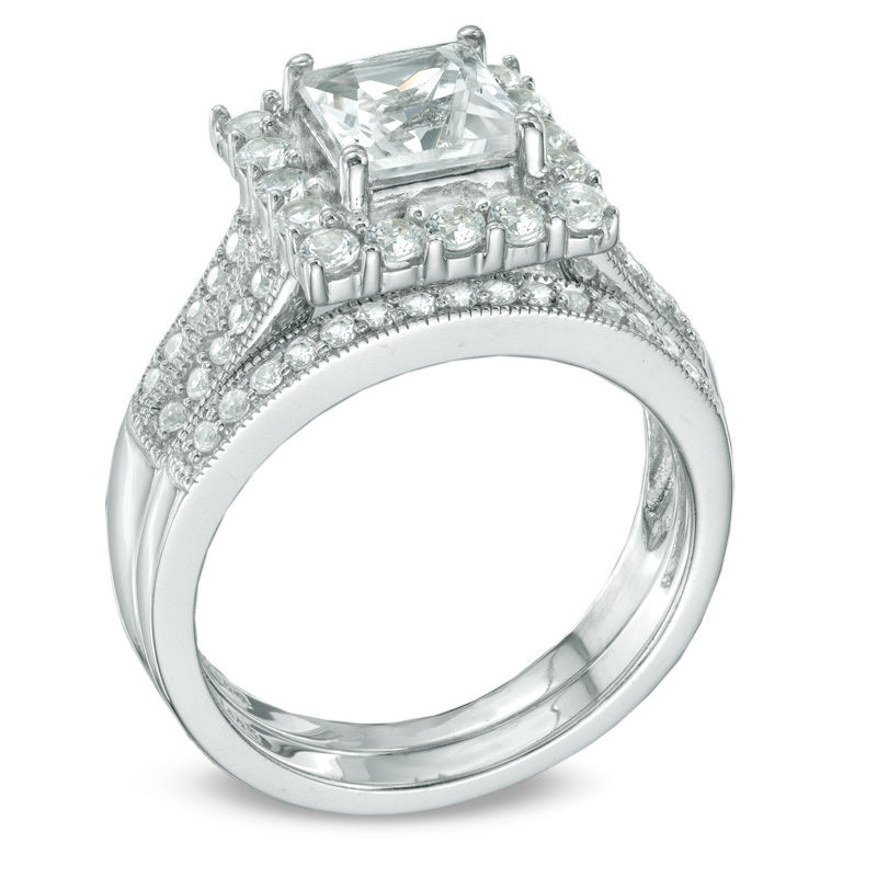 Main Image 2 of Previously Owned - 6.0mm Princess-Cut Lab-Created White Sapphire Fashion Ring in Sterling Silver
