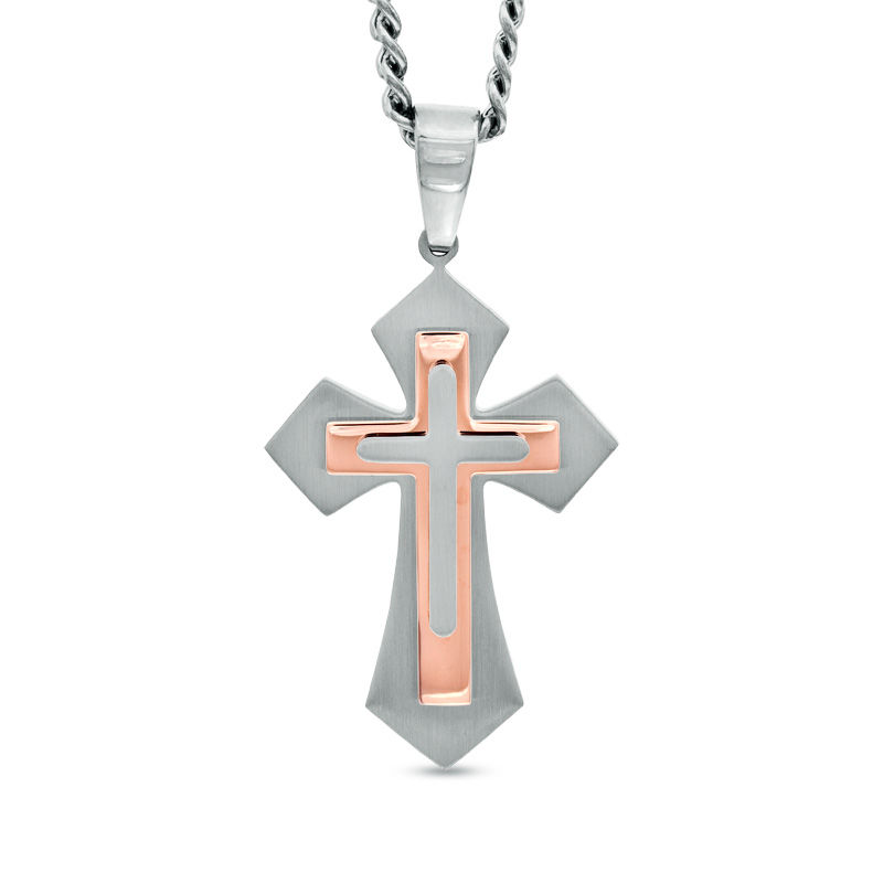 Previously Owned - Men's Stacked Cross Pendant in Two-Tone Stainless Steel - 24"
