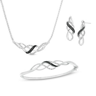 Previously Owned - 0.11 CT. T.W. Enhanced Black and White Diamond Loose Braid Three Piece Set in Sterling Silver