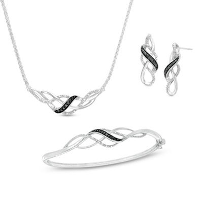 Previously Owned - 0.11 CT. T.W. Enhanced Black and White Diamond Loose Braid Three Piece Set in Sterling Silver