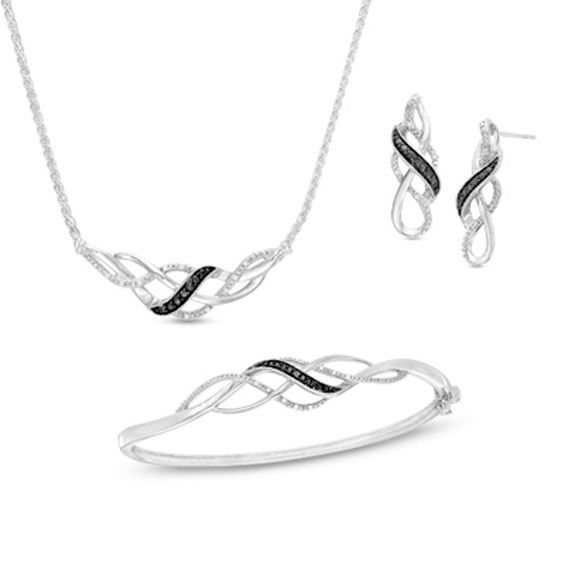 Previously Owned - 0.11 CT. T.W. Enhanced Black and White Diamond Loose Braid Three Piece Set in Sterling Silver
