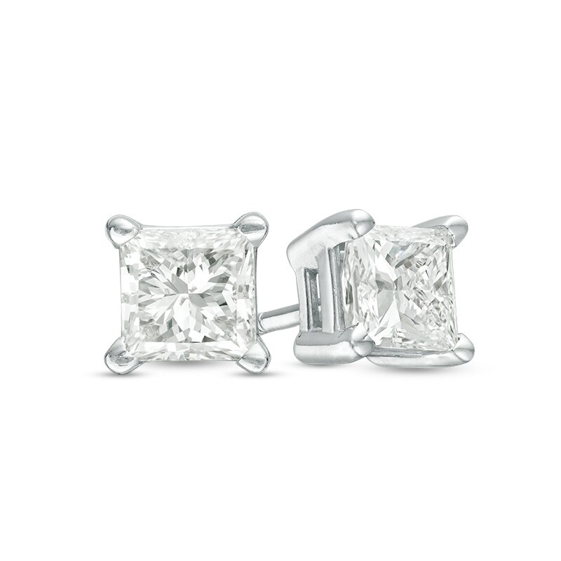 Previously Owned - 1.20 CT. T.W. Princess-Cut Diamond Solitaire Earrings in 14K White Gold (K-L/I2-I3)