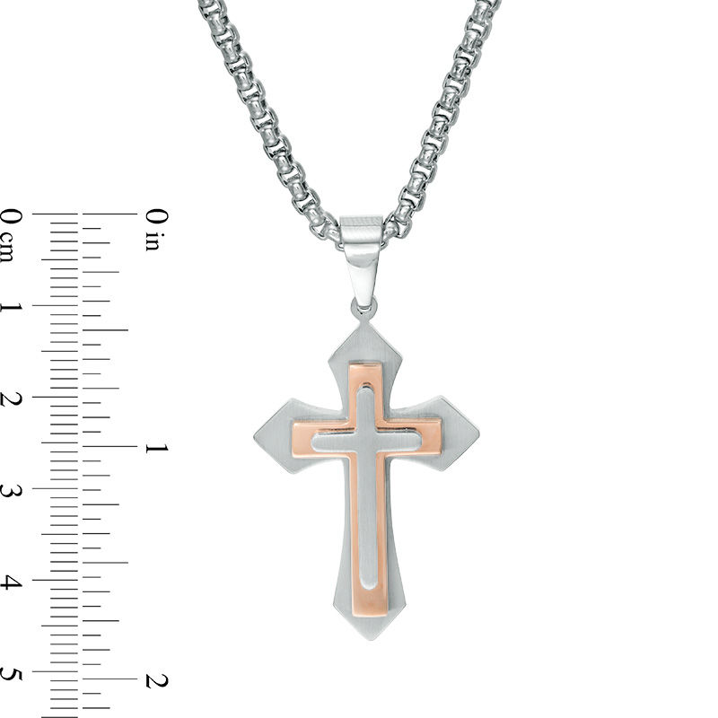 Previously Owned - Men's Gothic-Style Layered Cross Pendant in Stainless Steel and Rose IP - 24"