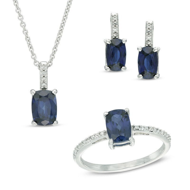 Previously Owned - Lab-Created Blue and White Sapphire Drop Pendant, Earrings and Ring Set in Sterling Silver|Peoples Jewellers