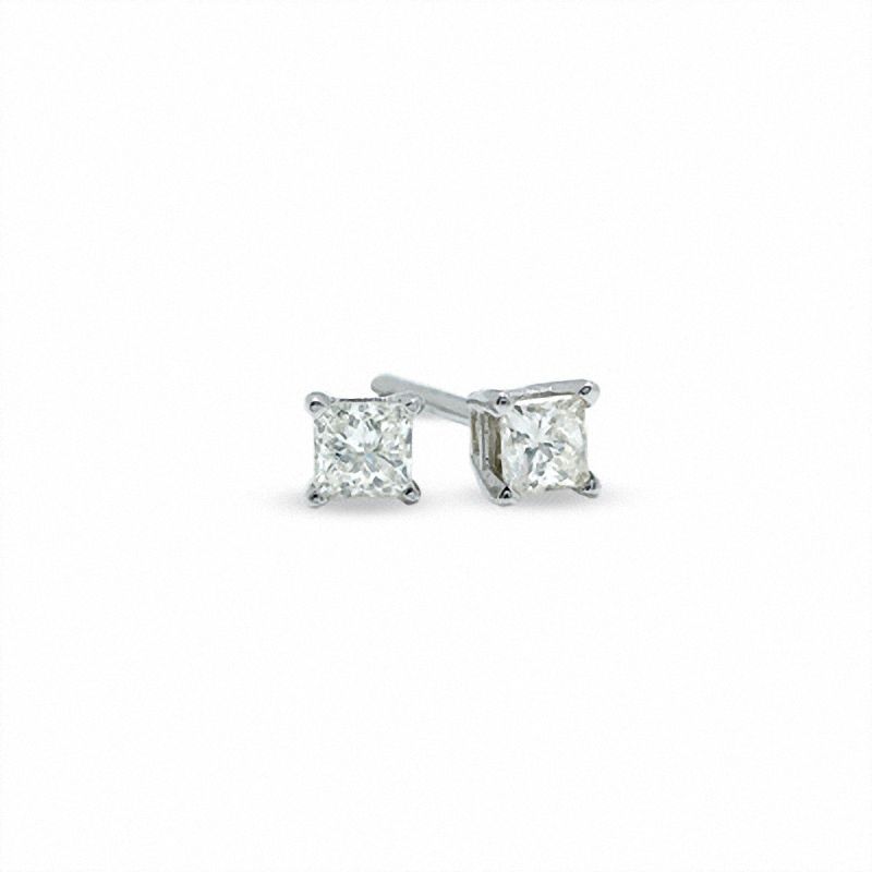 Previously Owned - 0.20 CT. T.W. Princess-Cut Diamond Solitaire Crown Royal Stud Earrings in 14K White Gold (J/I3)