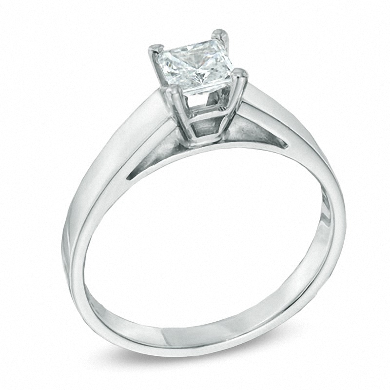 Previously Owned - 0.50 CT. Princess-Cut Diamond Solitaire Crown Royal Engagement Ring in 14K White Gold (J/I2)