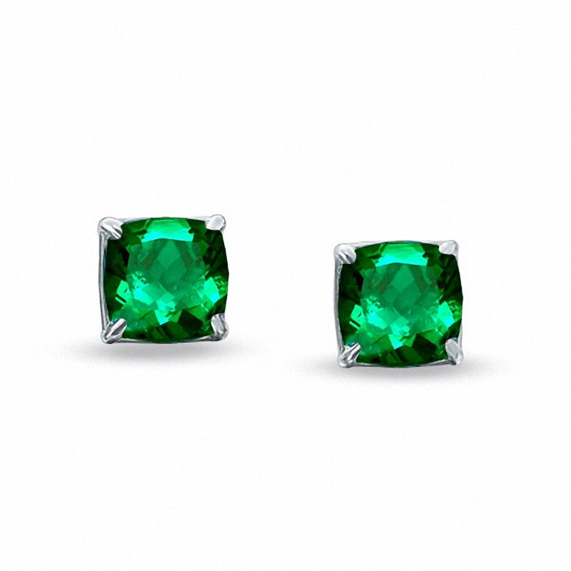 Main Image 1 of Previously Owned - 6.0mm Cushion-Cut Lab-Created Emerald Stud Earrings in 10K White Gold