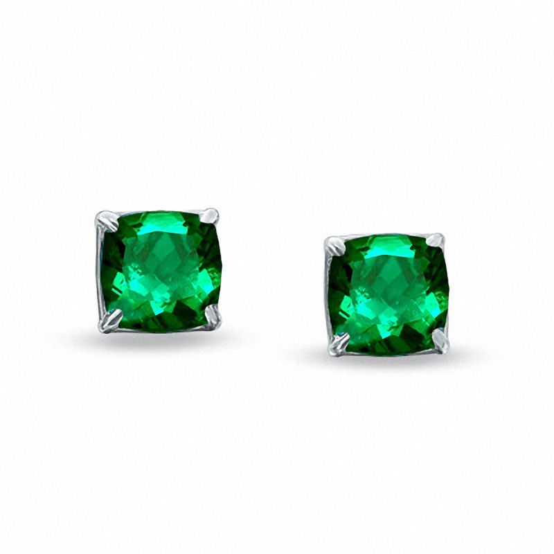 Previously Owned - 6.0mm Cushion-Cut Lab-Created Emerald Stud Earrings in 10K White Gold