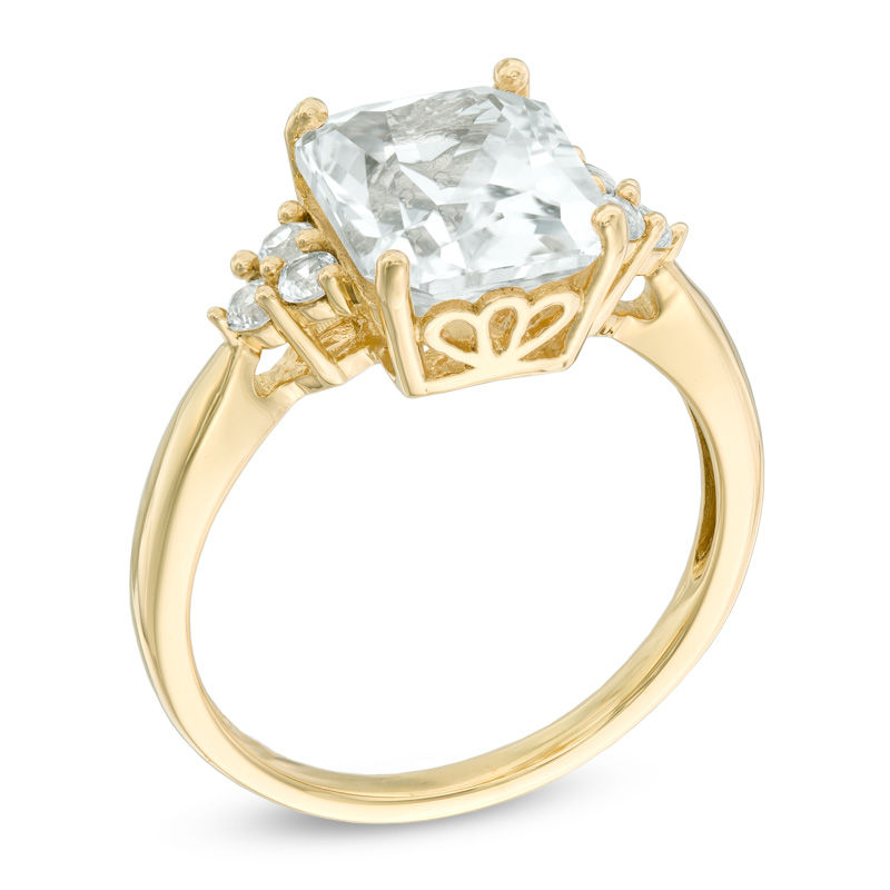 Main Image 2 of Previously Owned - Radiant-Cut Lab-Created White Sapphire Tri-Sides Ring in Sterling Silver with 14K Gold Plate