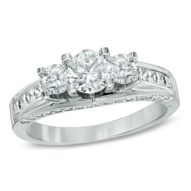 Previously Owned - 1.50 CT. T.W. Canadian Diamond Three Stone Engagement Ring in 14K White Gold (I/I1)