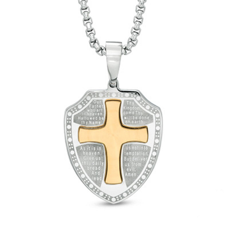 Main Image 1 of Previously Owned - Men's Lord's Prayer Shield Pendant in Stainless Steel and Yellow IP - 24"