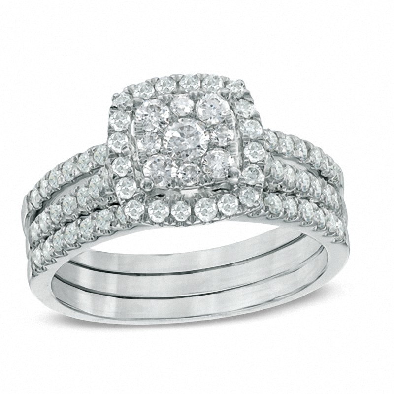 Main Image 1 of Previously Owned - 0.95 CT. T.W. Composite Diamond Frame Bridal Set in 10K White Gold