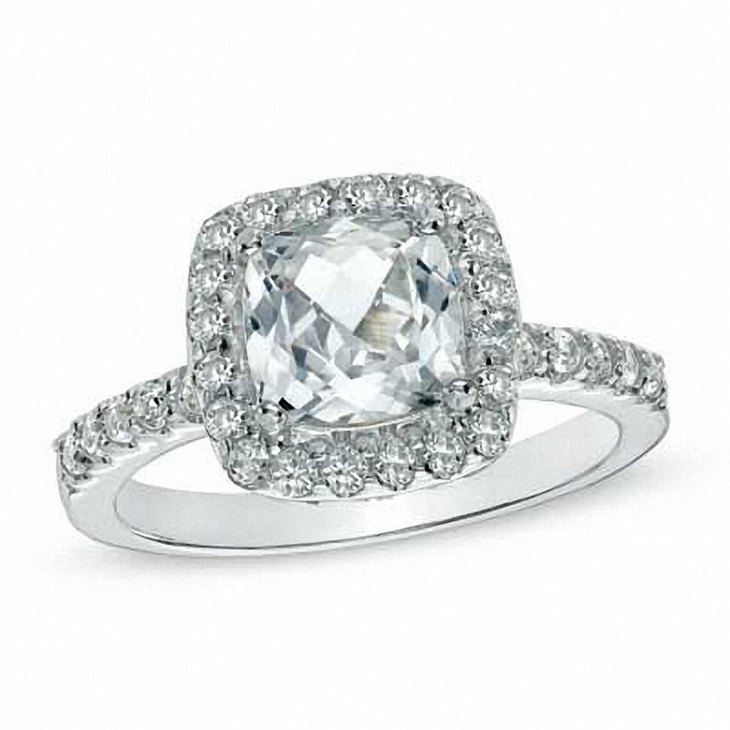 Main Image 1 of Previously Owned - 7.0mm Cushion-Cut Lab-Created White Sapphire Ring in Sterling Silver