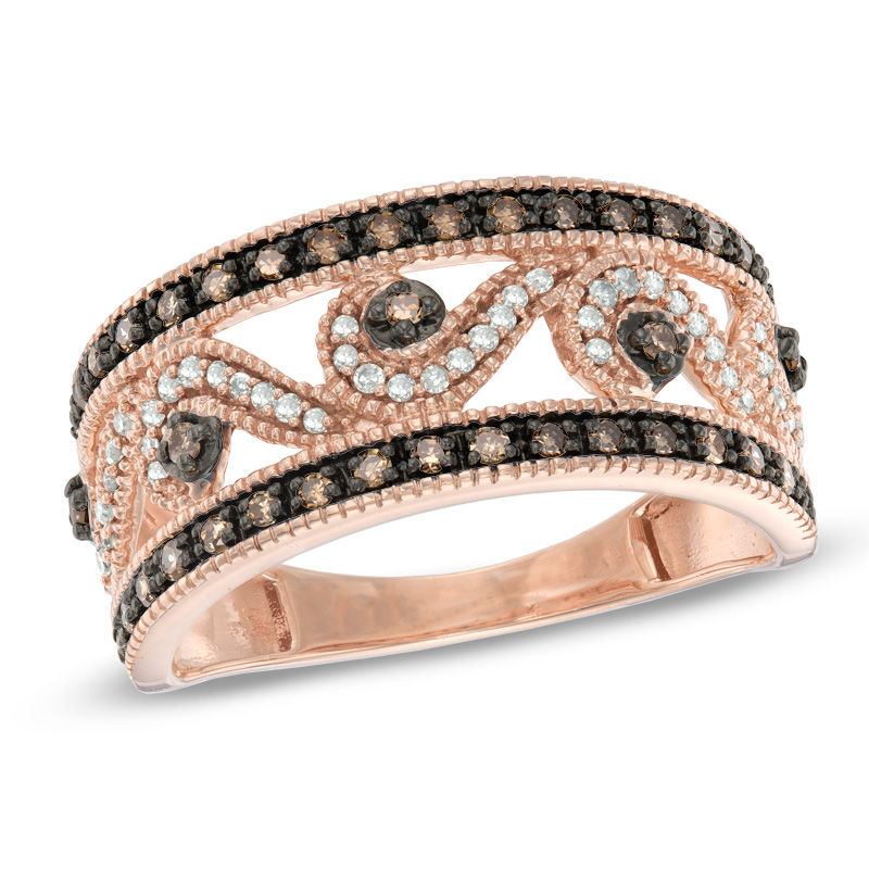 Previously Owned - 0.33 CT. T.W. Champagne and White Diamond Scroll Ring in 10K Rose Gold