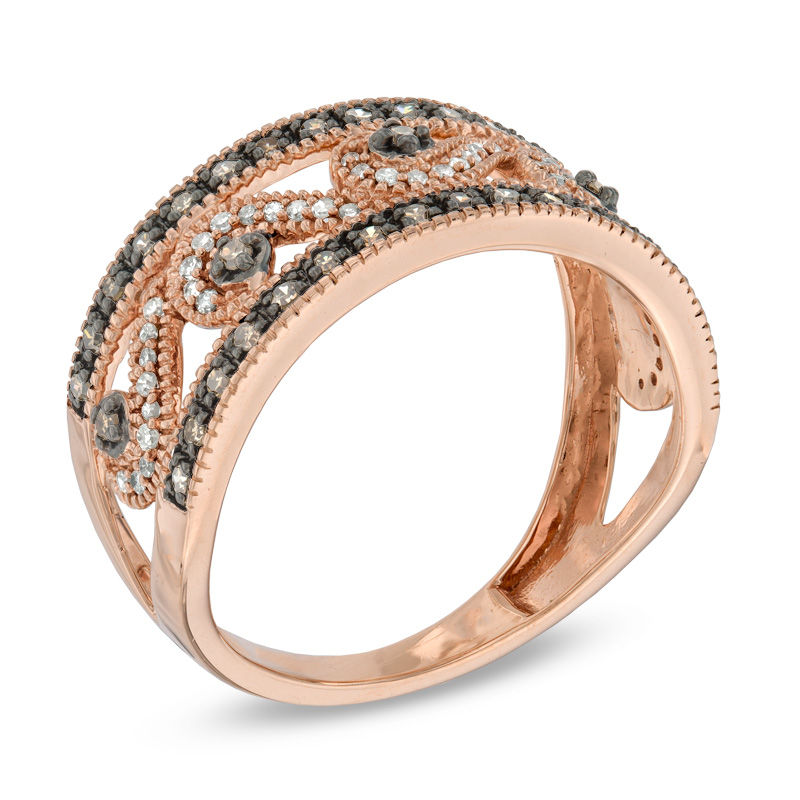 Previously Owned - 0.33 CT. T.W. Champagne and White Diamond Scroll Ring in 10K Rose Gold