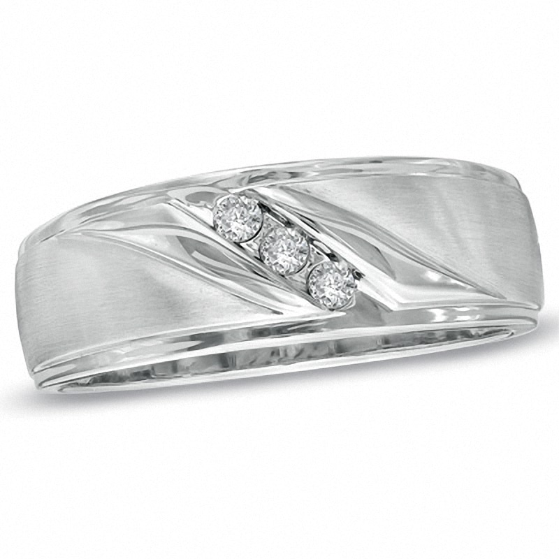 Previously Owned - Men's 0.10 CT. T.W. Diamond Three Stone Slant Band in 10K White Gold