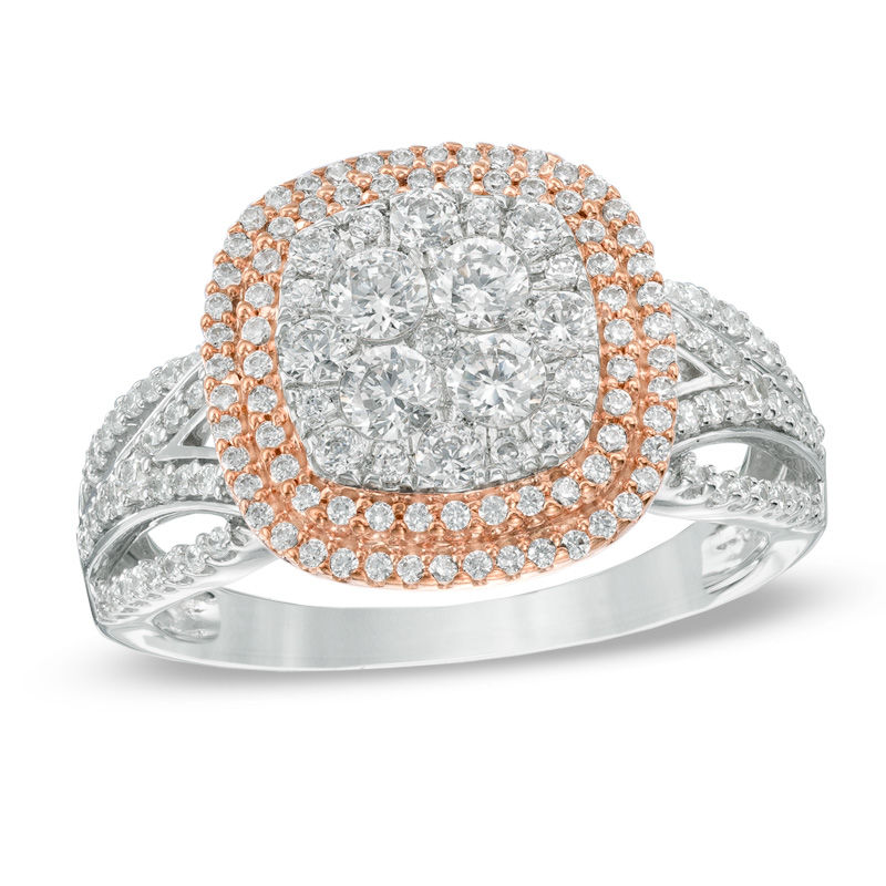 Main Image 1 of Previously Owned - 1.00 CT. T. W. Composite Diamond Double Square Frame Split Shank Engagement Ring in 10K Two-Tone Gold
