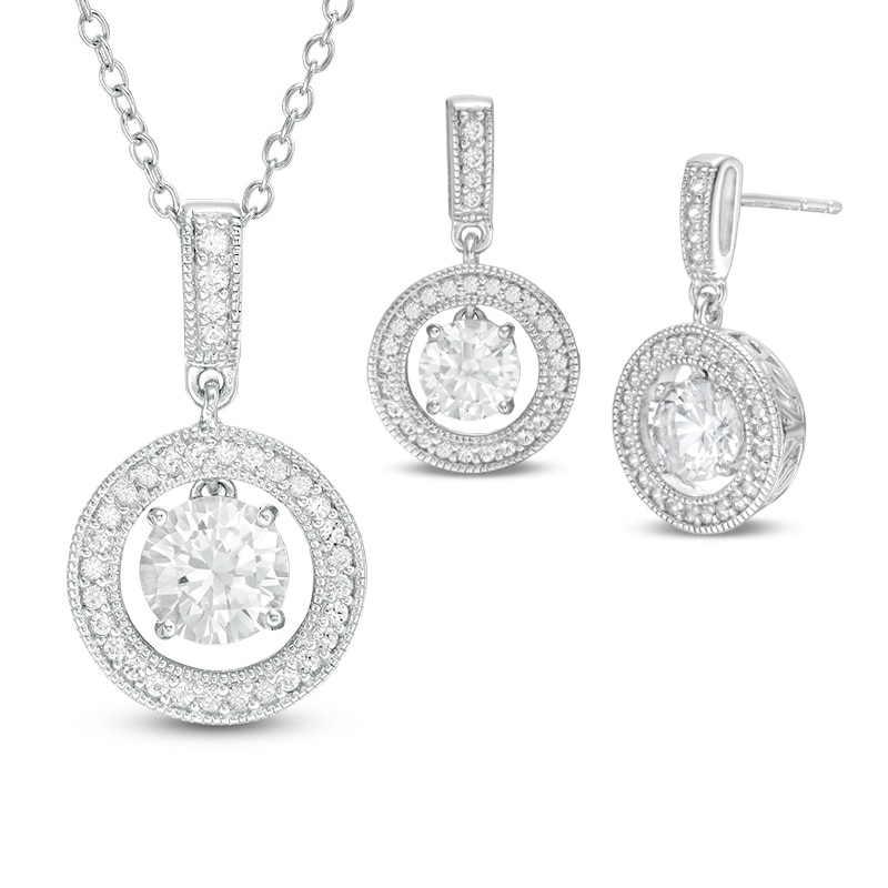Previously Owned - Lab-Created White Sapphire Frame Pendant and Drop Earrings Set in Sterling Silver|Peoples Jewellers