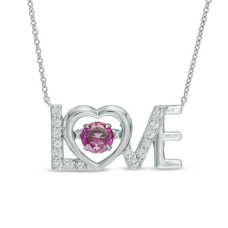 Previously Owned - Unstoppable Love™ Lab-Created Pink and White Sapphire "LOVE" Heart Necklace in Sterling Silver - 17"