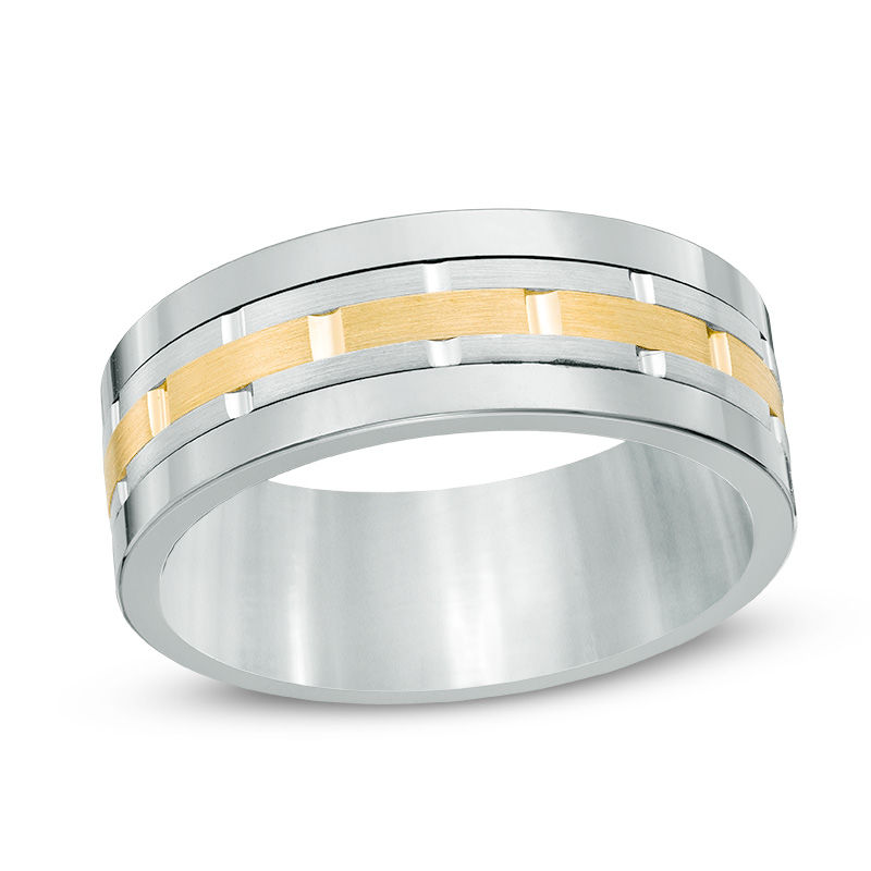 Previously Owned -  Men's 8.0mm Comfort-Fit Brick Pattern Centre Stripe Wedding Band in Tungsten and 10K Gold