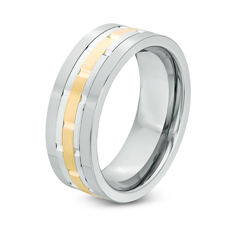 Main Image 2 of Previously Owned -  Men's 8.0mm Comfort-Fit Brick Pattern Centre Stripe Wedding Band in Tungsten and 10K Gold