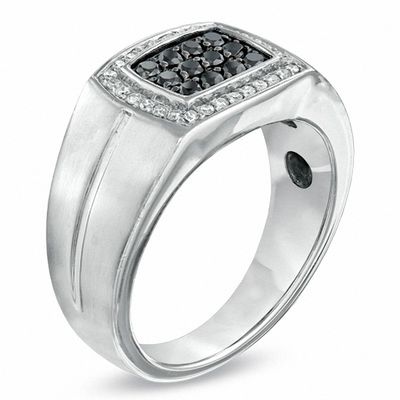 Previously Owned - Men's Black Sapphire and 0.14 CT. T.W. Diamond Frame Ring in 10K White Gold
