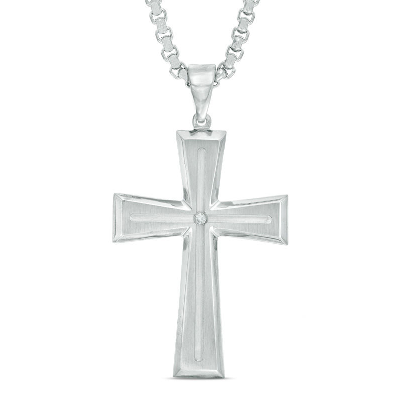 Main Image 1 of Previously Owned - Men's Diamond Accent Cross Pendant in Stainless Steel - 24&quot;