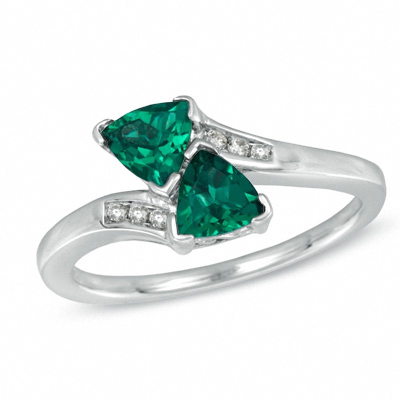 Previously Owned - 5.0mm Trillion-Cut Lab-Created Emerald and Diamond Accent Bypass Ring in Sterling Silver