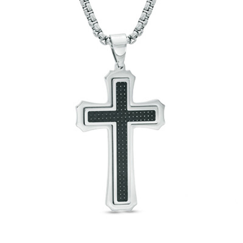 Main Image 1 of Previously Owned - Men's Gothic-Style Cross Pendant with Black Carbon Fibre in Stainless Steel - 24"