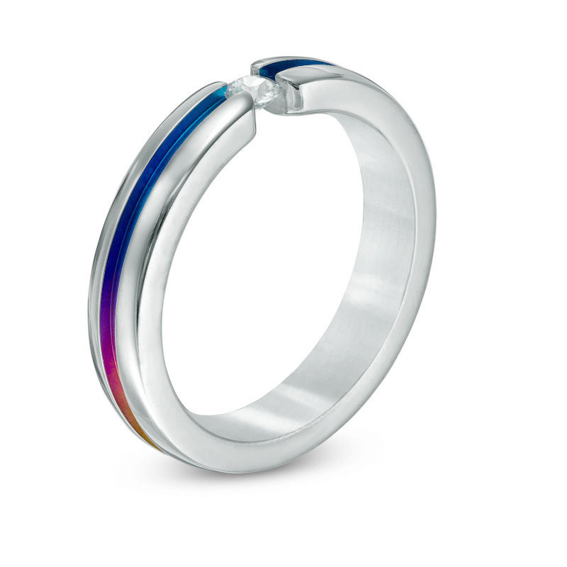 Main Image 2 of Previously Owned - Love and Pride™ 0.10 CT. Diamond Solitaire Rainbow Anniversary Band in Anodized Titanium