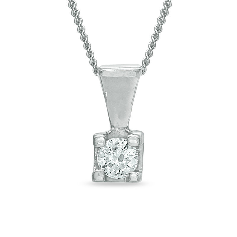 Previously Owned - 0.10 CT.  Canadian Diamond Square-Set Solitaire Pendant in 14K White Gold - 17"(I/I2)