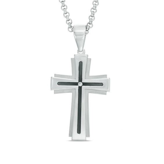 Previously Owned - Men's Diamond Accent Groove Cross Pendant in Two ...