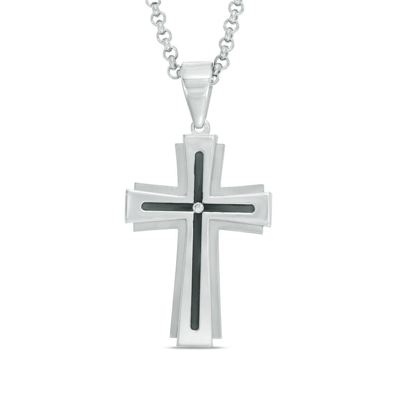 Main Image 1 of Previously Owned - Men's Diamond Accent Groove Cross Pendant in Two-Tone Stainless Steel - 24"