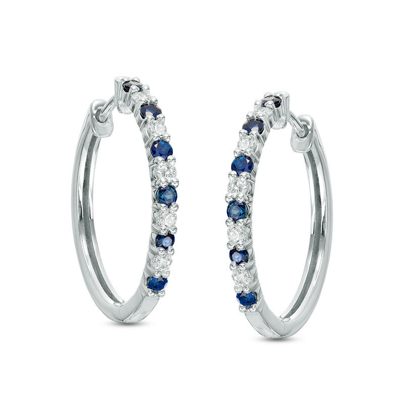 Previously Owned - Alternating Lab-Created Blue and White Sapphire Hoop Earrings in Sterling Silver