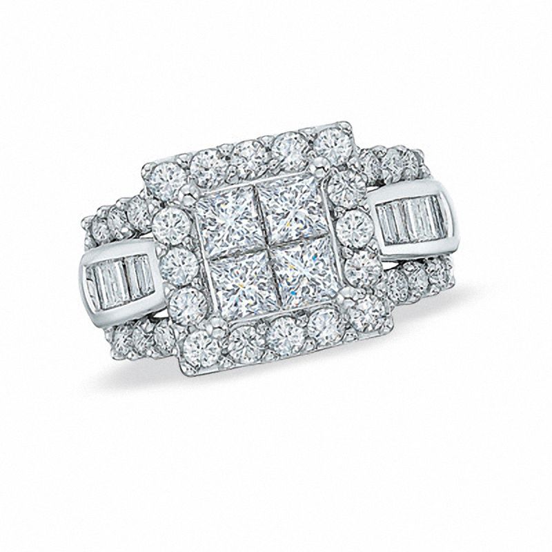 Main Image 1 of Previously Owned - 2.00 CT. T.W. Quad Princess-Cut Diamond Engagement Ring in 14K White Gold