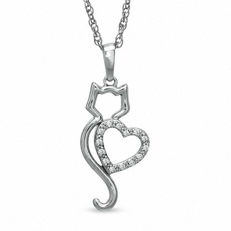 Previously Owned - Tender Voices® 0.05 CT. T.W. Diamond Cat with Heart Pendant in Sterling Silver
