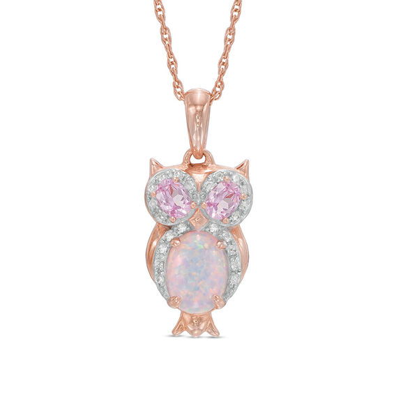 Previously Owned - Lab-Created Opal with Pink and White Sapphire Owl Pendant in Sterling Silver with 14K Rose Gold Plate